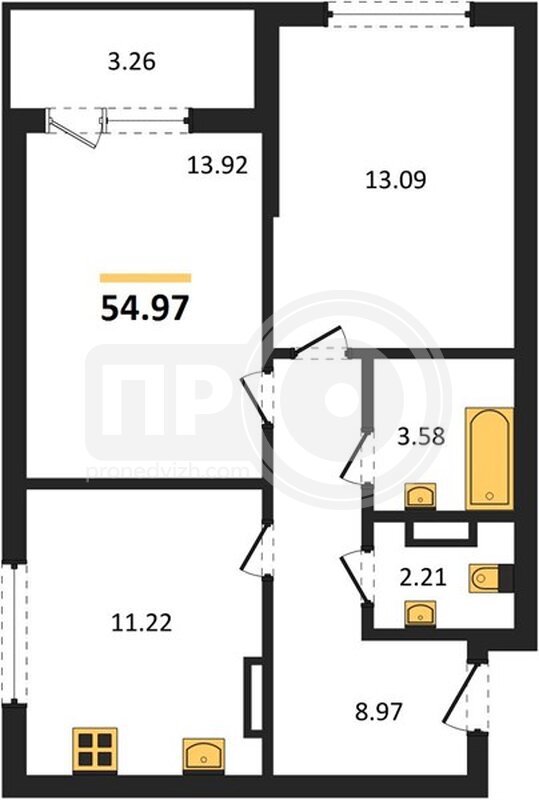 2-комнатная квартира, 54.97кв.м