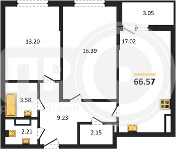 Миниатюра 2-комнатная квартира, 66.57кв.м