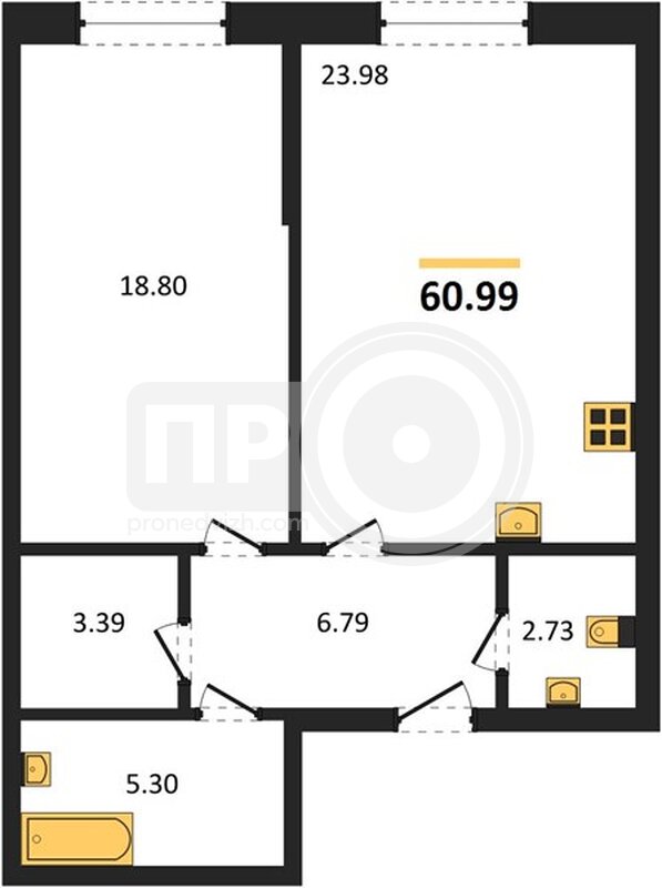 1-комнатная квартира, 60.99кв.м