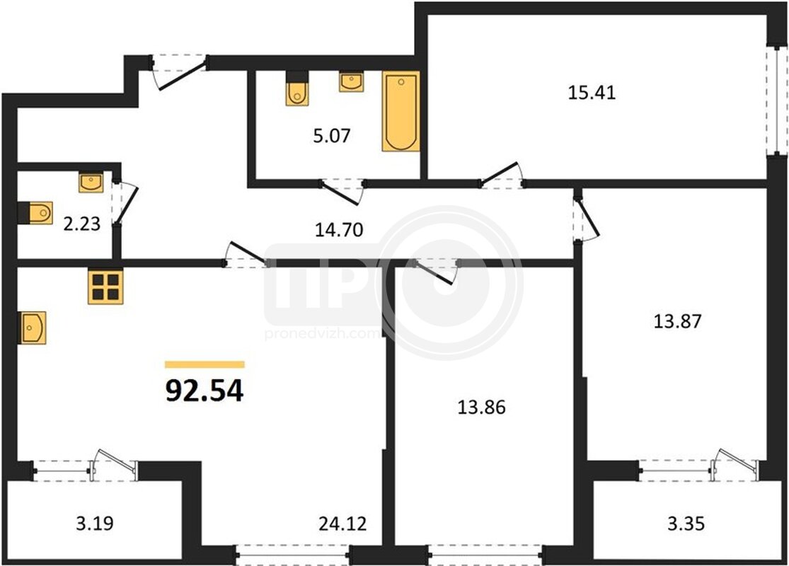 3-комнатная квартира, 92.54кв.м