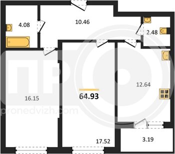 Миниатюра 2-комнатная квартира, 64.93кв.м