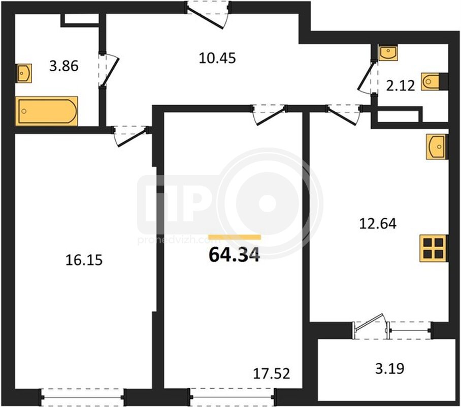 2-комнатная квартира, 64.34кв.м