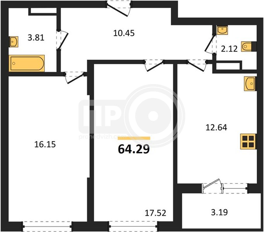 2-комнатная квартира, 64.29кв.м