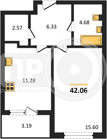 Миниатюра 1-комнатная квартира, 42.06кв.м