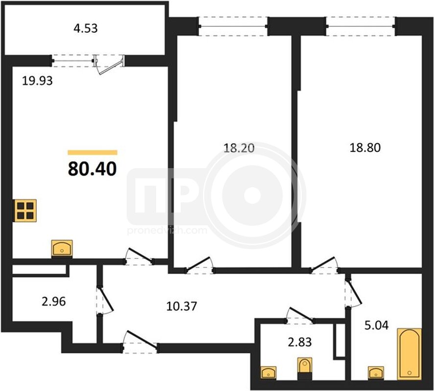 2-комнатная квартира, 80.4кв.м
