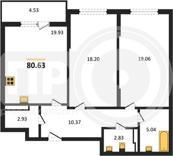 Миниатюра 2-комнатная квартира, 80.63кв.м