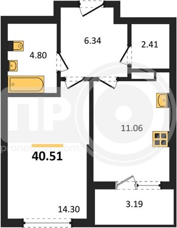 Миниатюра 1-комнатная квартира, 40.51кв.м