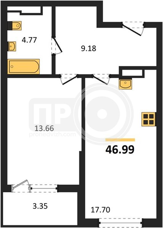 1-комнатная квартира, 46.99кв.м