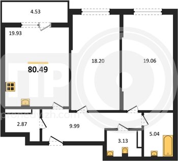 Миниатюра 2-комнатная квартира, 80.49кв.м