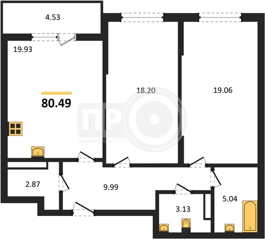 2-комнатная квартира, 80.49кв.м