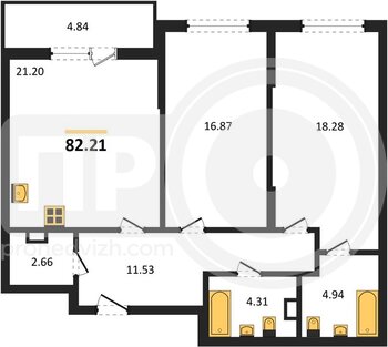 Миниатюра 2-комнатная квартира, 82.21кв.м