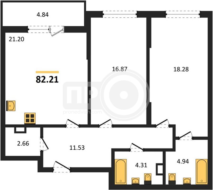 2-комнатная квартира, 82.21кв.м