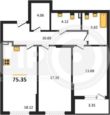 Миниатюра 2-комнатная квартира, 75.35кв.м