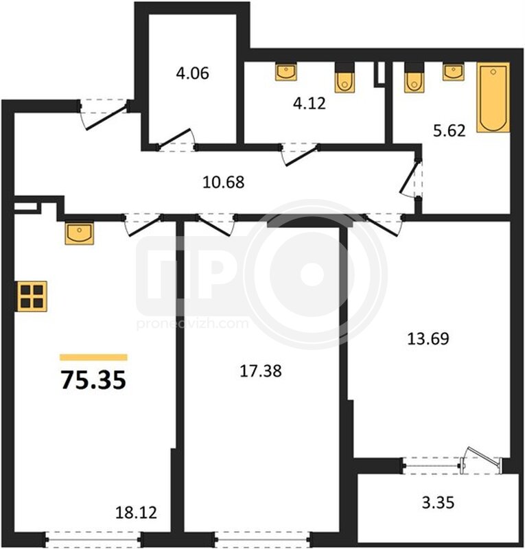 2-комнатная квартира, 75.35кв.м
