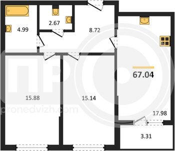 Миниатюра 2-комнатная квартира, 67.04кв.м