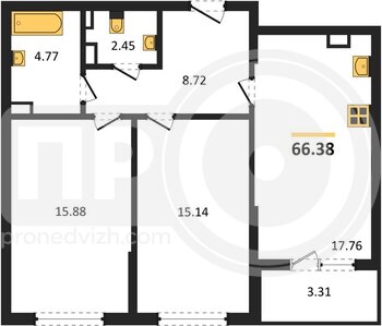 Миниатюра 2-комнатная квартира, 66.38кв.м