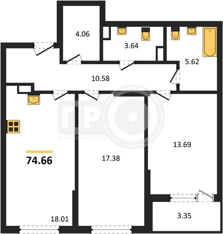 2-комнатная квартира, 74.66кв.м