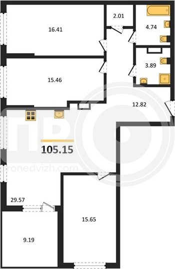 Миниатюра 3-комнатная квартира, 105.15кв.м
