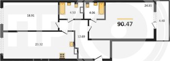 Миниатюра 2-комнатная квартира, 90.47кв.м