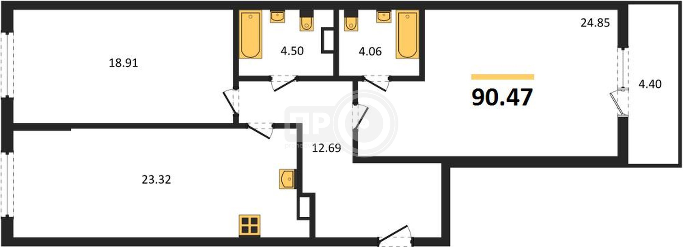 2-комнатная квартира, 90.47кв.м