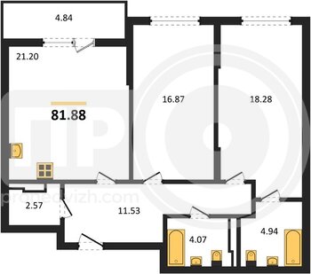 Миниатюра 2-комнатная квартира, 81.88кв.м