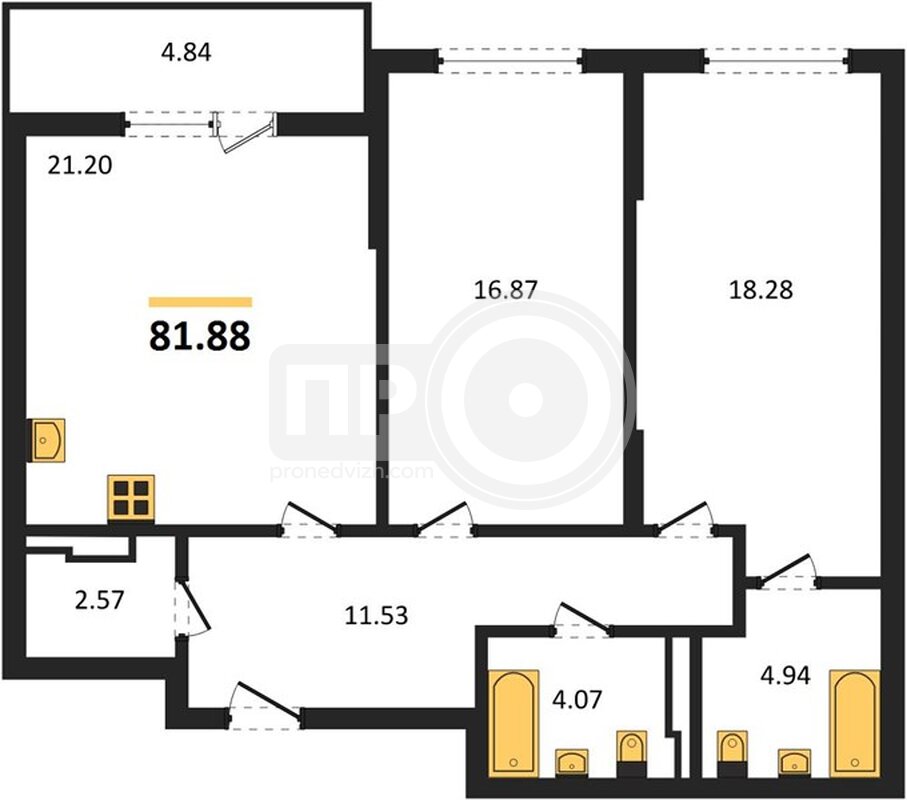 2-комнатная квартира, 81.88кв.м