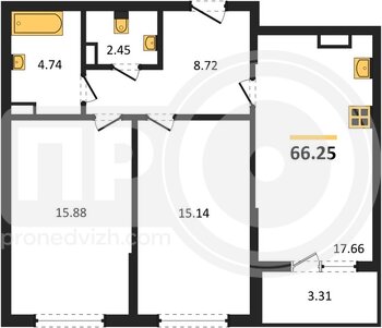 Миниатюра 2-комнатная квартира, 66.25кв.м