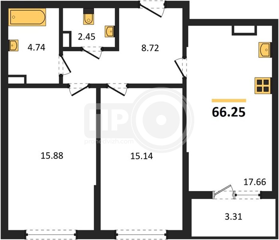 2-комнатная квартира, 66.25кв.м