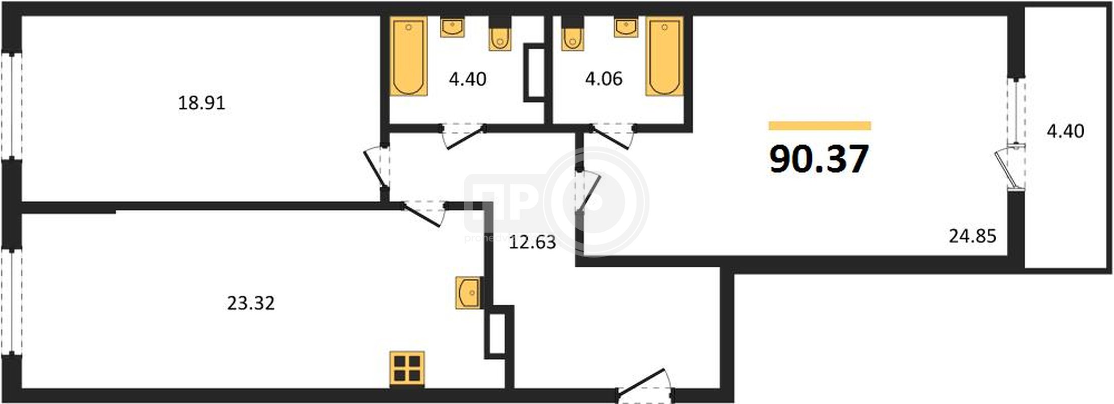 2-комнатная квартира, 90.37кв.м