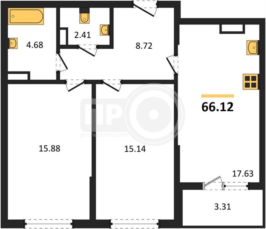 2-комнатная квартира, 66.12кв.м