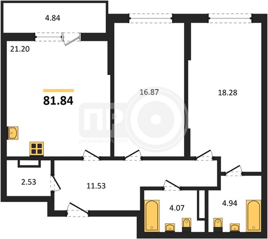2-комнатная квартира, 81.84кв.м