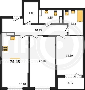 Миниатюра 2-комнатная квартира, 74.48кв.м