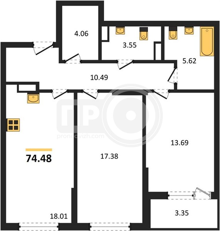2-комнатная квартира, 74.48кв.м