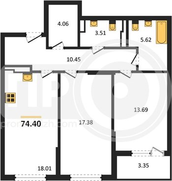 Миниатюра 2-комнатная квартира, 74.4кв.м