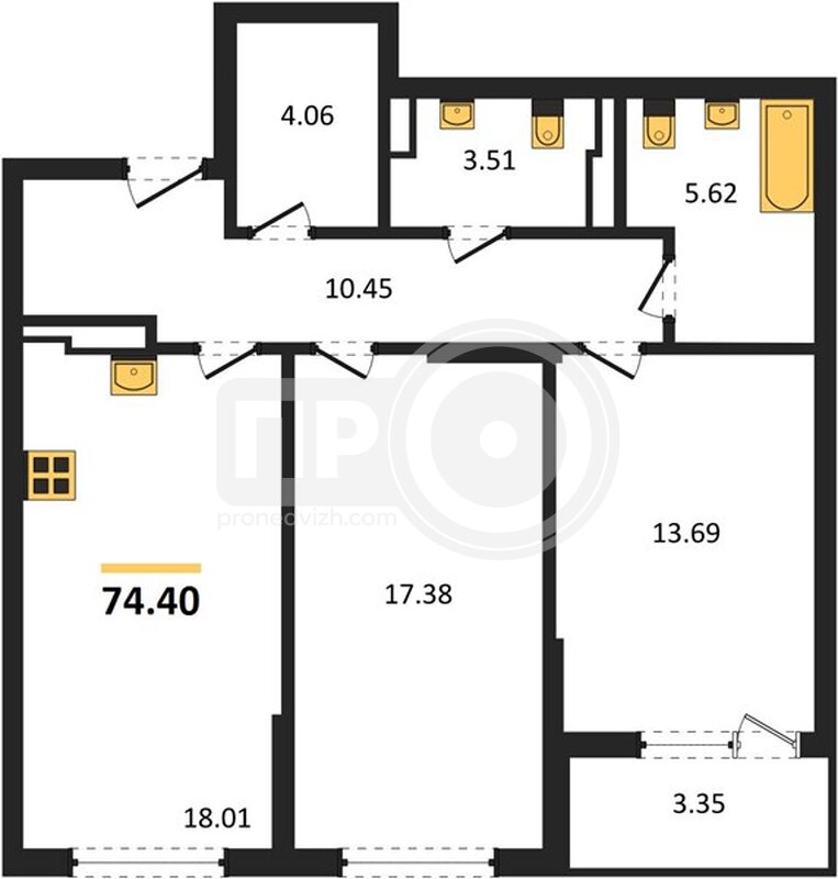 2-комнатная квартира, 74.4кв.м