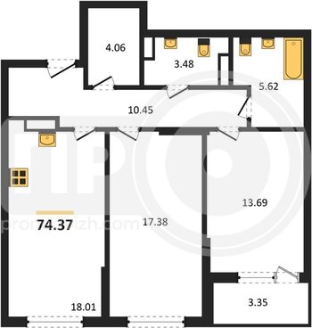 Миниатюра 2-комнатная квартира, 74.37кв.м