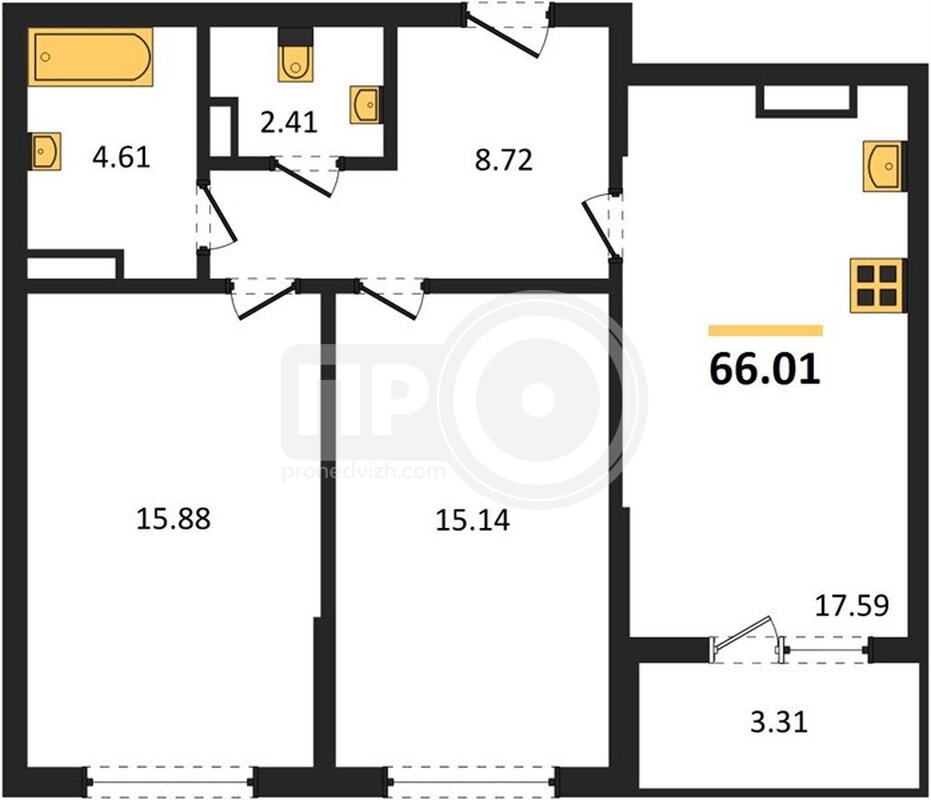 2-комнатная квартира, 66.01кв.м