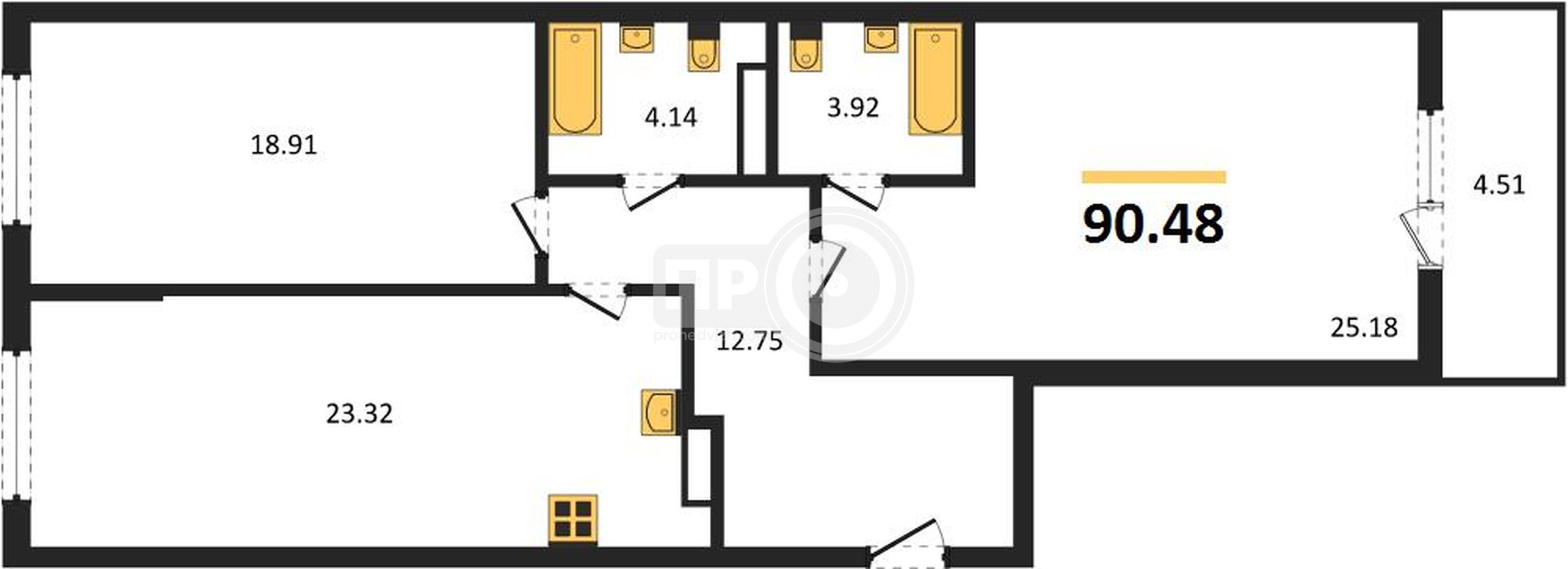2-комнатная квартира, 90.48кв.м
