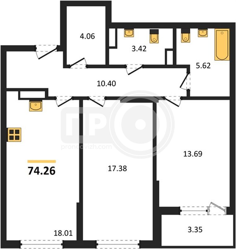 2-комнатная квартира, 74.26кв.м