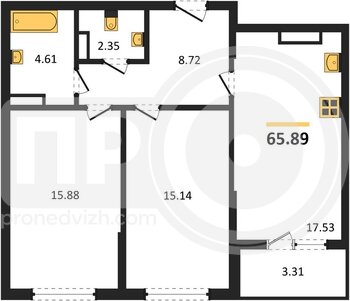 Миниатюра 2-комнатная квартира, 65.89кв.м
