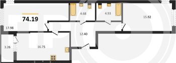 Миниатюра 2-комнатная квартира, 74.19кв.м