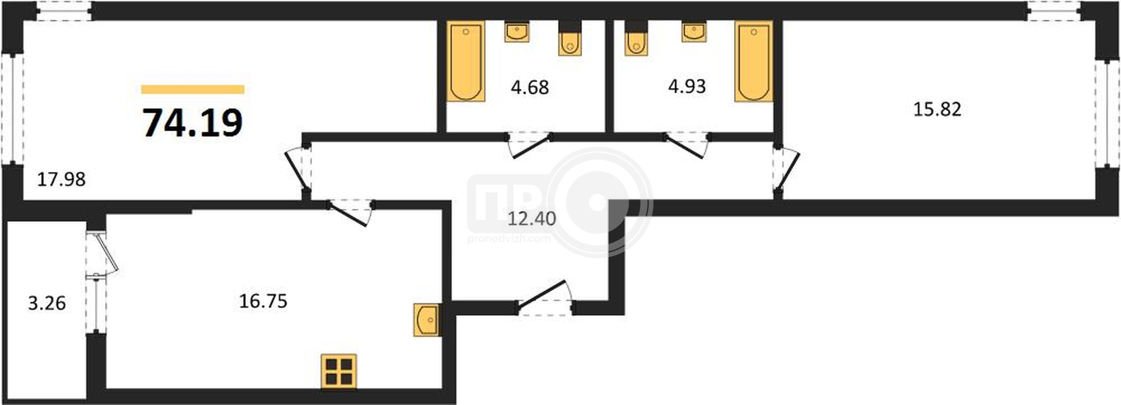 2-комнатная квартира, 74.19кв.м