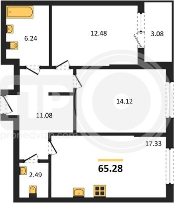 Миниатюра 2-комнатная квартира, 65.28кв.м
