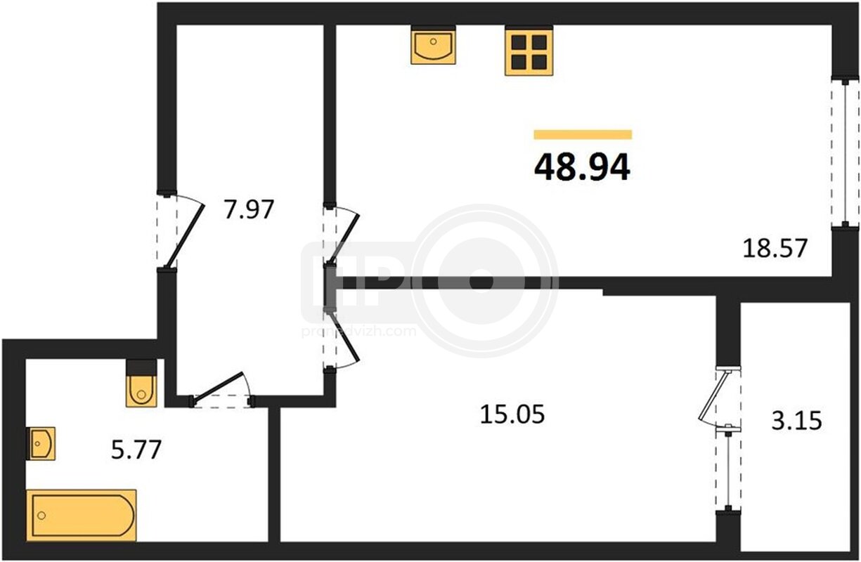 1-комнатная квартира, 48.94кв.м