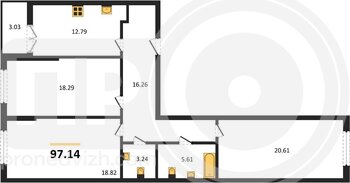 Миниатюра 3-комнатная квартира, 97.14кв.м