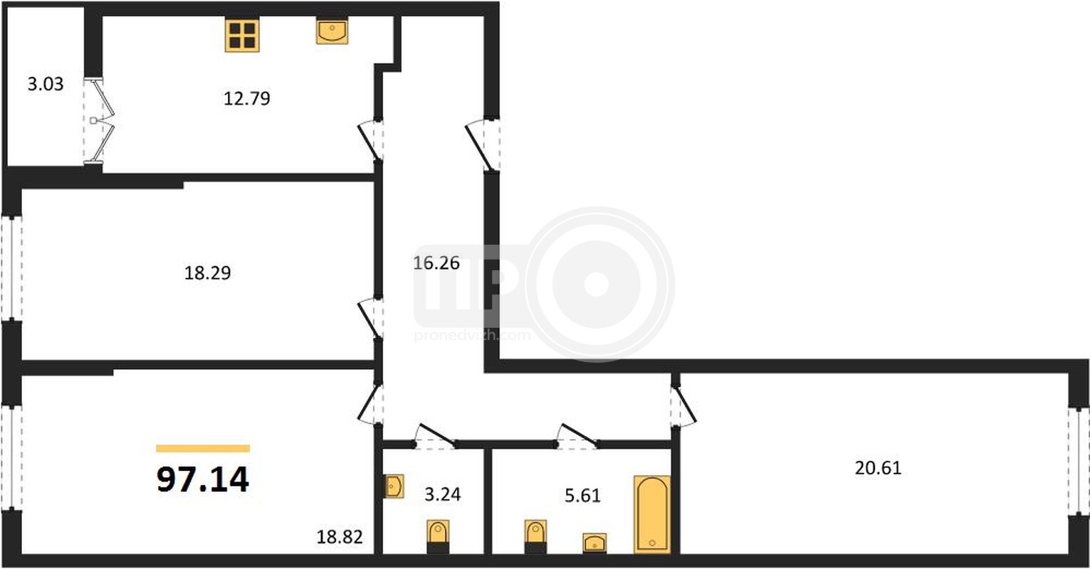 3-комнатная квартира, 97.14кв.м