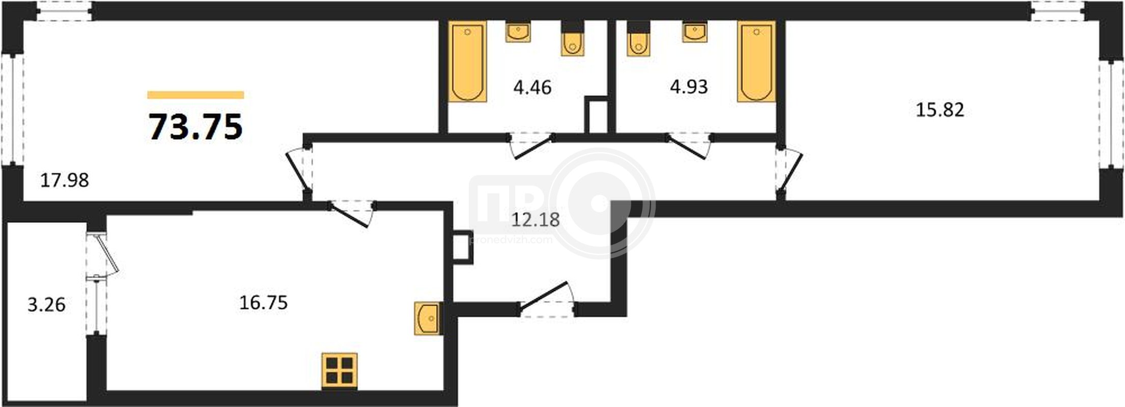 2-комнатная квартира, 73.75кв.м