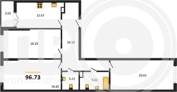 Миниатюра 3-комнатная квартира, 96.73кв.м