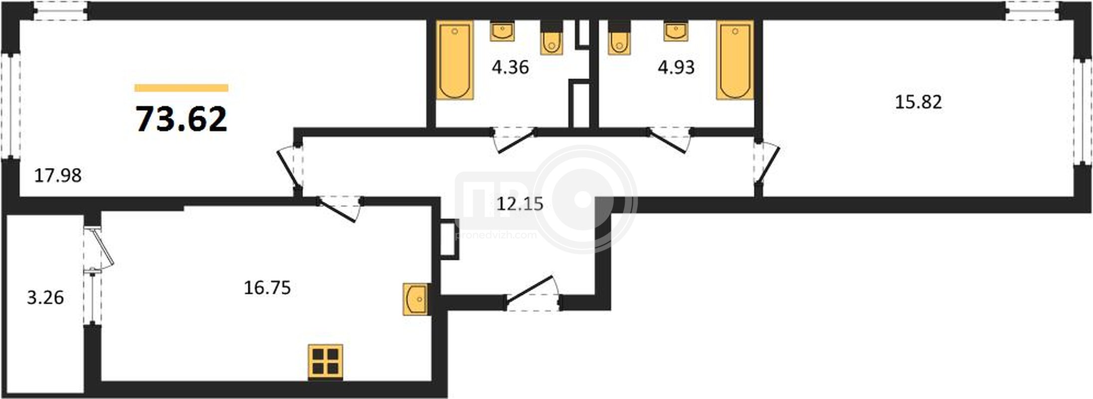 2-комнатная квартира, 73.62кв.м
