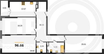 Миниатюра 3-комнатная квартира, 96.66кв.м